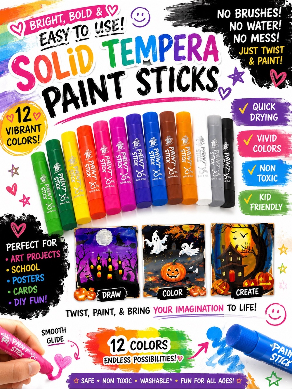 12 Color Tempera Paint Sticks Set | Washable Art Supplies
